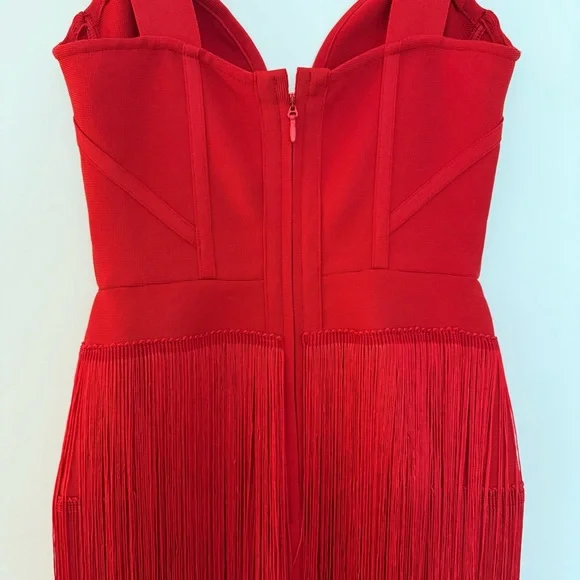STYLE OF CB Red Midi Bodycon Dress w/ Maxi Length Tiered Fringe, Size XS - Picture 11 of 14
